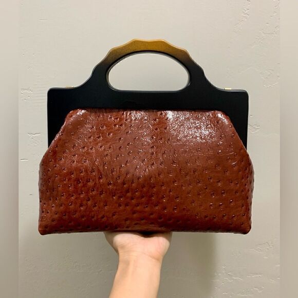 Handmade Genuine Ostrich Textured Cowhide, Wooden Frame Top Handle Satchel - Picture 2 of 14